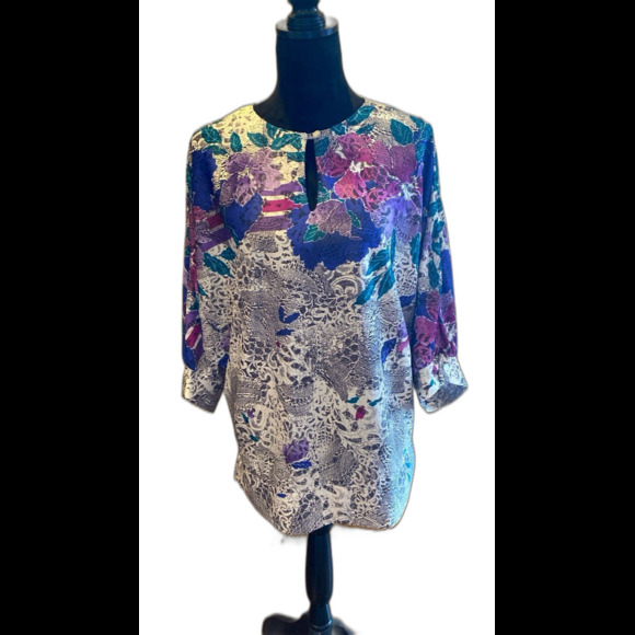 Anthony Richards Blouse Size ? 2X Purple Royal Blue Floral Keyhole Angel Wings - Picture 1 of 10